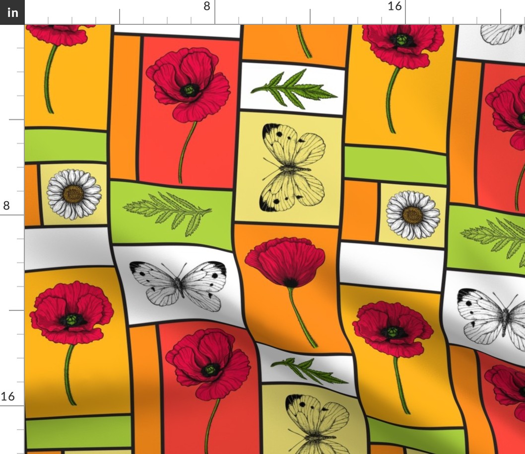 Poppies in colorful boxes, orange, red, yellow and green