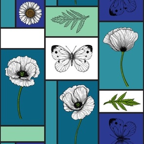 Poppies in colorful boxes, blue and green
