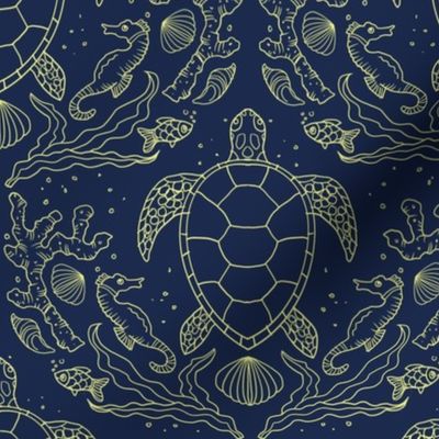 Deep sea turtles on dark night blue 