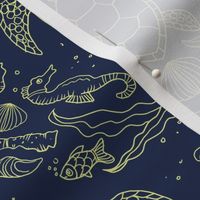 Deep sea turtles on dark night blue 