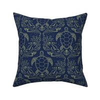 Deep sea turtles on dark night blue 