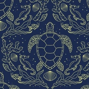 Deep sea turtles on dark night blue 