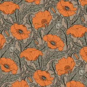 Vintage Poppy in orange sage olive green beige brown