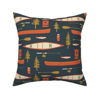 Canoes and Oars by the Lake in Dark Navy and Red