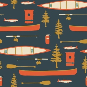 Canoes and Oars by the Lake in Dark Navy and Red