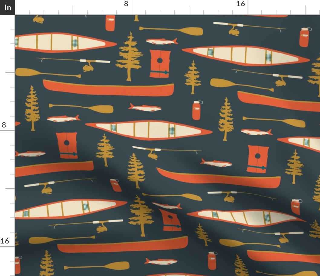 Canoes and Oars by the Lake in Dark Navy and Red