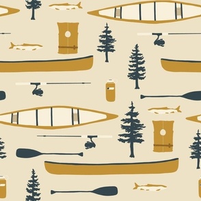 Canoes and Oars by the Lake in Ochre Navy