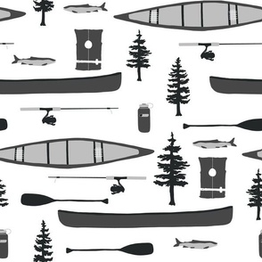 Canoes and Oars by the Lake Grayscale