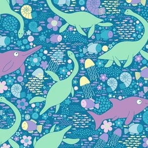 Swimming with plesiosaurs -  pastel mint, lilac and blue medium
