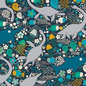Swimming with plesiosaurs -  teal and mustard Medium