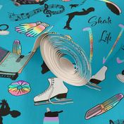Figure Skating Life- Skates, Accessories and Silhouettes In Pastel Rainbow on Blue