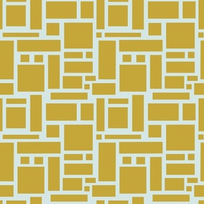 Geometric Squares and Rectangles in yellow on a pale mint green background ( small ) .