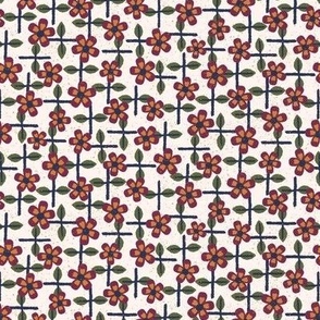 272 - Mini Scale Mod Floral on leafy trellis with speckles - 100 patterns project: for bed linen, wallpaper and soft furnishings