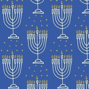 Ink Drawing of Hanukkah Candles and Stars in Blue, White, and Yellow