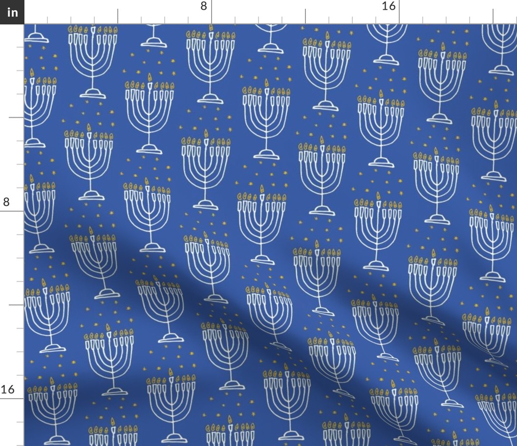 Ink Drawing of Hanukkah Candles and Stars in Blue, White, and Yellow