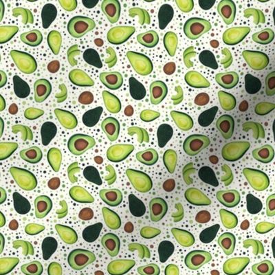 Small Scale Green Avocados Pits and Slices with Playful Polkadots on Ivory