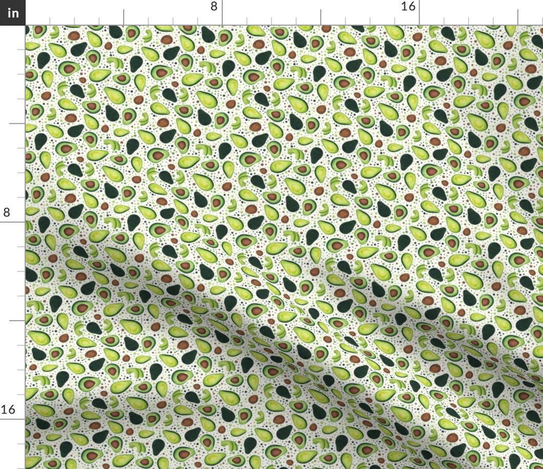 Small Scale Green Avocados Pits and Slices with Playful Polkadots on Ivory