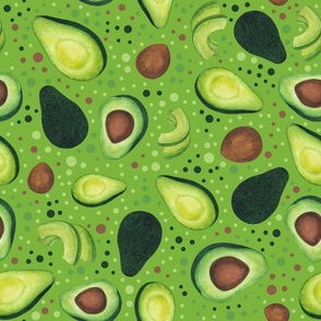 Large Scale Green Avocados Pits and Slices with Playful Polkadots on Green