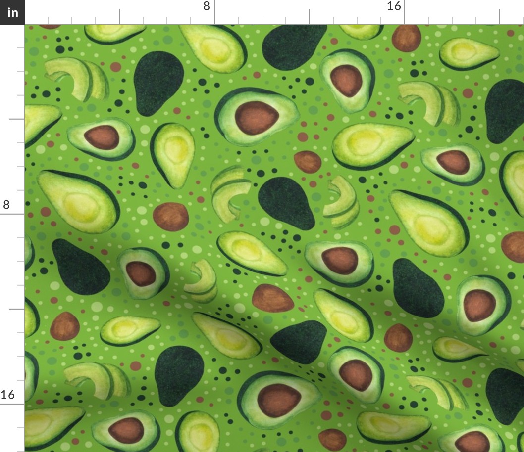 Large Scale Green Avocados Pits and Slices with Playful Polkadots on Green