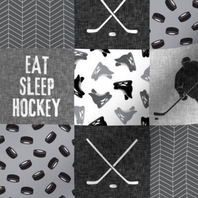 (3" scale) Eat Sleep Hockey - Ice Hockey Patchwork - Hockey Nursery - Wholecloth grey - C21