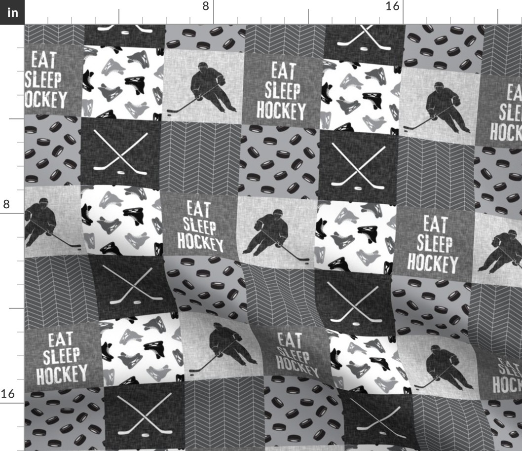 (3" scale) Eat Sleep Hockey - Ice Hockey Patchwork - Hockey Nursery - Wholecloth grey - C21