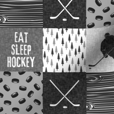 (3" scale) Eat Sleep Hockey - Ice Hockey Patchwork - Hockey Nursery - Wholecloth grey (trees & woodgrain) - C21