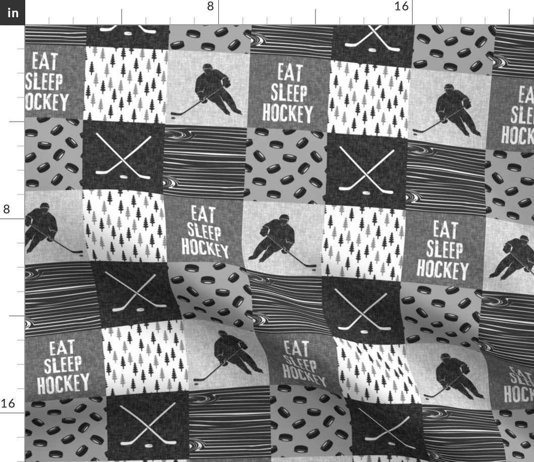 (3" scale) Eat Sleep Hockey - Ice Hockey Patchwork - Hockey Nursery - Wholecloth grey (trees & woodgrain) - C21