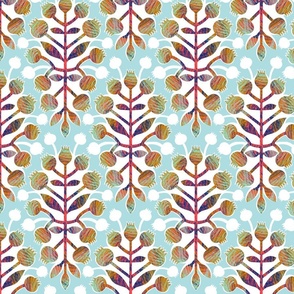 multicolored folk pattern on a blue background, medium   