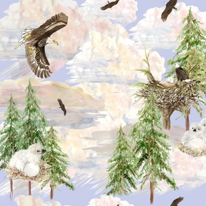 recovered-species-bald-eagles-eaglets-in-nest-pine-trees-white-brown-black-clouds-on-light-blue-skyjpg