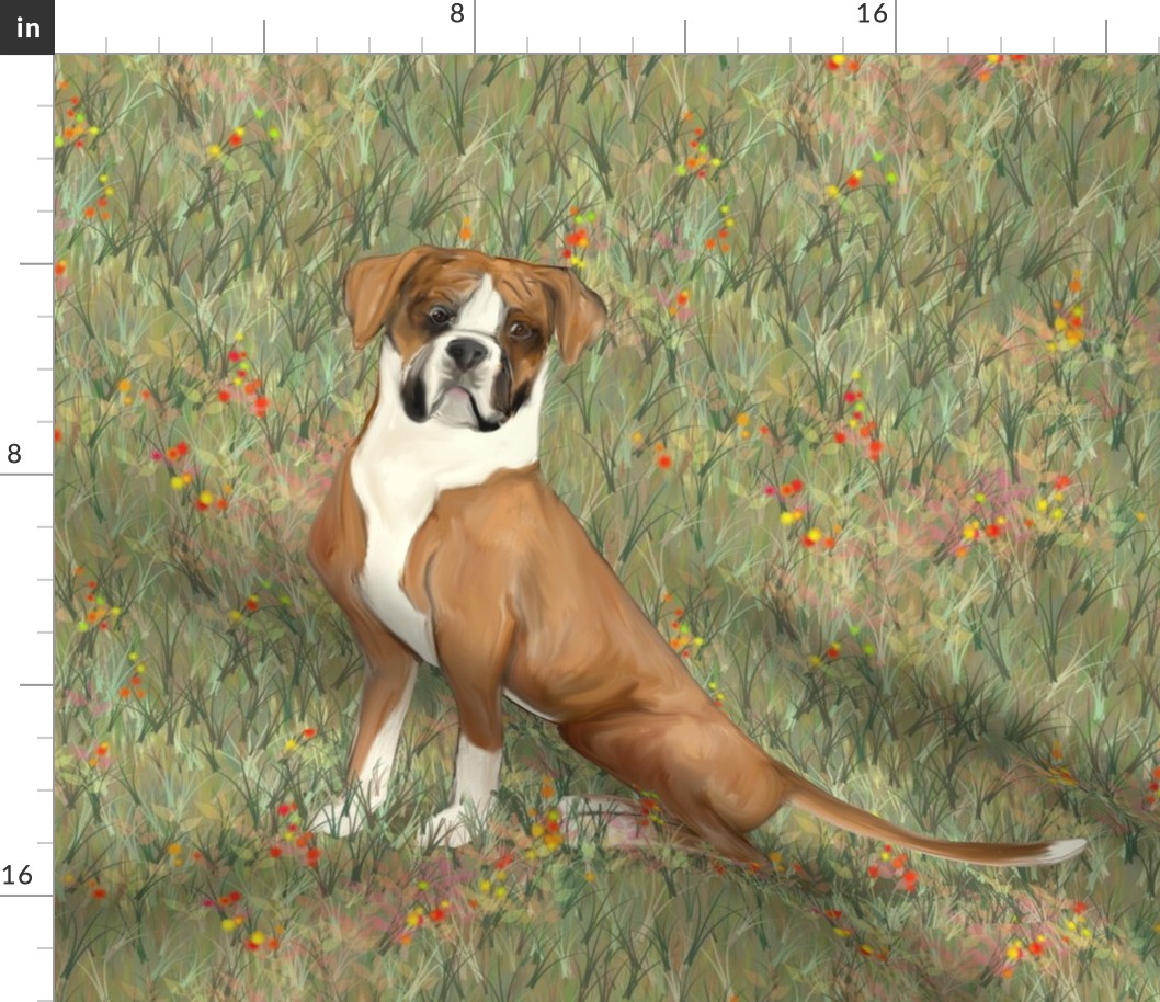 Sitting Boxer Dog in Wildflower Field for Pillow