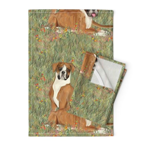 Two Boxer Dogs in Wildflower Field for Pillow