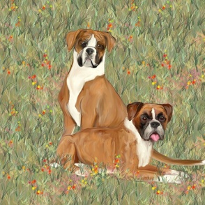 Two Boxer Dogs in Wildflower Field for Pillow