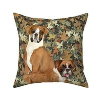 Two Boxer Dogs in Autumn Leaves for Pillow