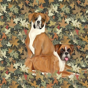 Two Boxer Dogs in Autumn Leaves for Pillow