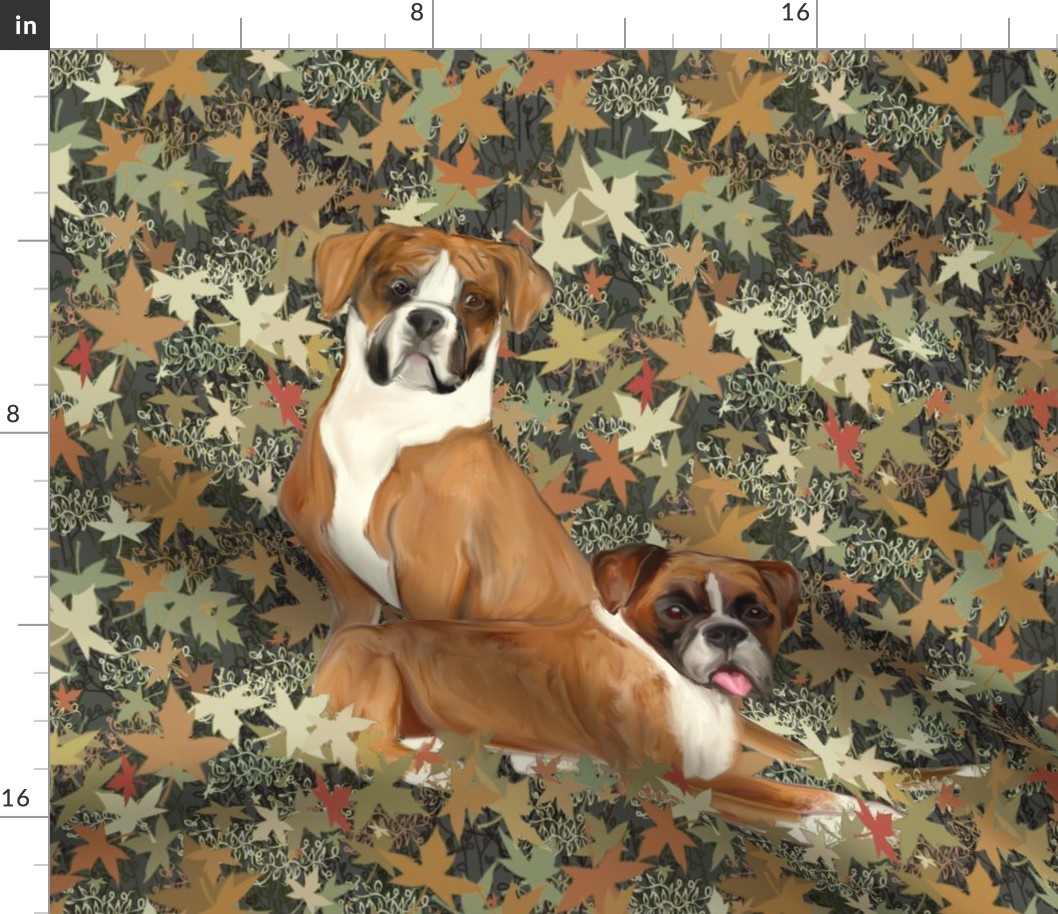 Two Boxer Dogs in Autumn Leaves for Pillow