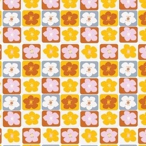 Retro Floral Squares: Pink, White, Burnt Umber, and Sunny Yellow Flowers