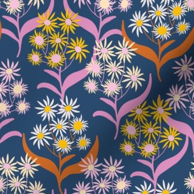 Retro Spring: Yellow Daisy Flowers with Magenta and Red-Brown Stems on Blue 