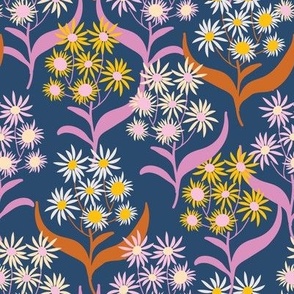 Retro Spring: Yellow Daisy Flowers with Magenta and Red-Brown Stems on Blue 