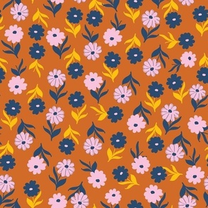 Ditsy Floral Mosaic: Dark Blue and Pink Petals on Rust-Coloured Background