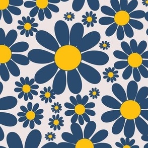 Rosy Retro Daisies: Dark Blue Flowers with Bold sunny yellow Centres