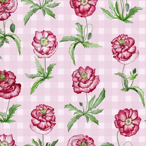 scattered poppies on gingham - pastel pink