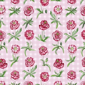 scattered poppies on gingham small scale - pastel pink