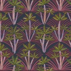 Deco Palm Trees and scallop edge in pink on navy