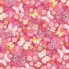 Butterfly Floral in Pink, Coral and Yellow