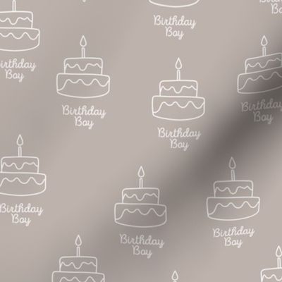 Happy birthday minimalist boho style birthday cake design with birthday boy text white on beige