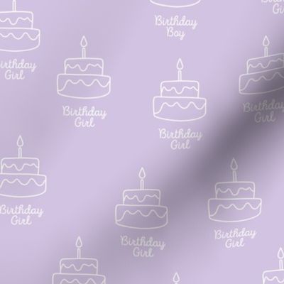 Happy birthday minimalist boho style birthday cake design with birthday girl text white on lilac 