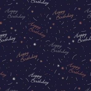 Happy birthday party and confetti text and spots beige blue on navy 