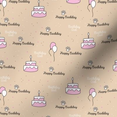 Birthday girl happy barkday sweet puppy cake and balloon design pink on blush beige 