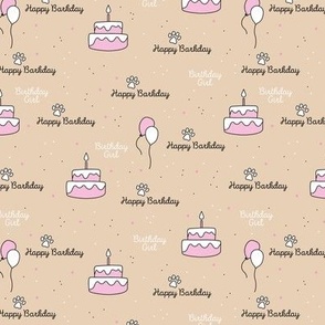 Birthday girl happy barkday sweet puppy cake and balloon design pink on blush beige 
