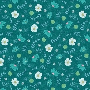 Daisy Floral in Greens and Blues